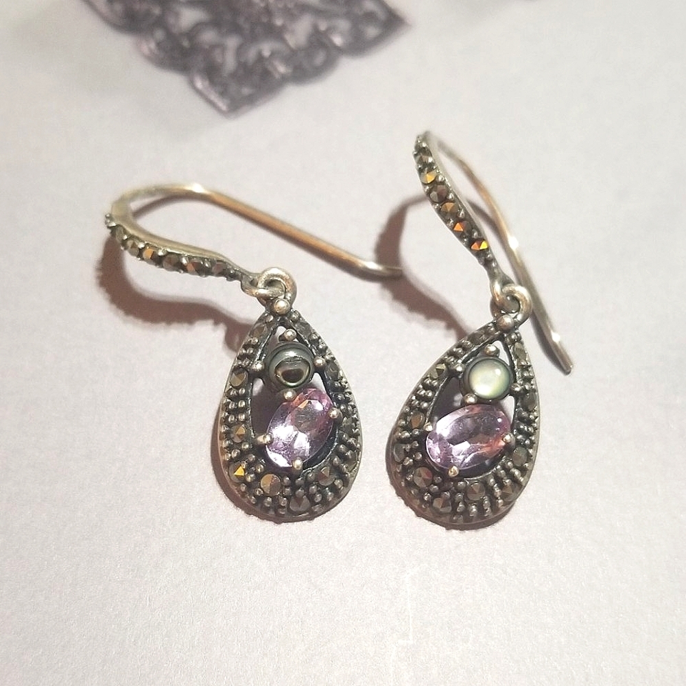 Vintage designer signed SLC 925 Sterling Amethyst Abalone Earrings